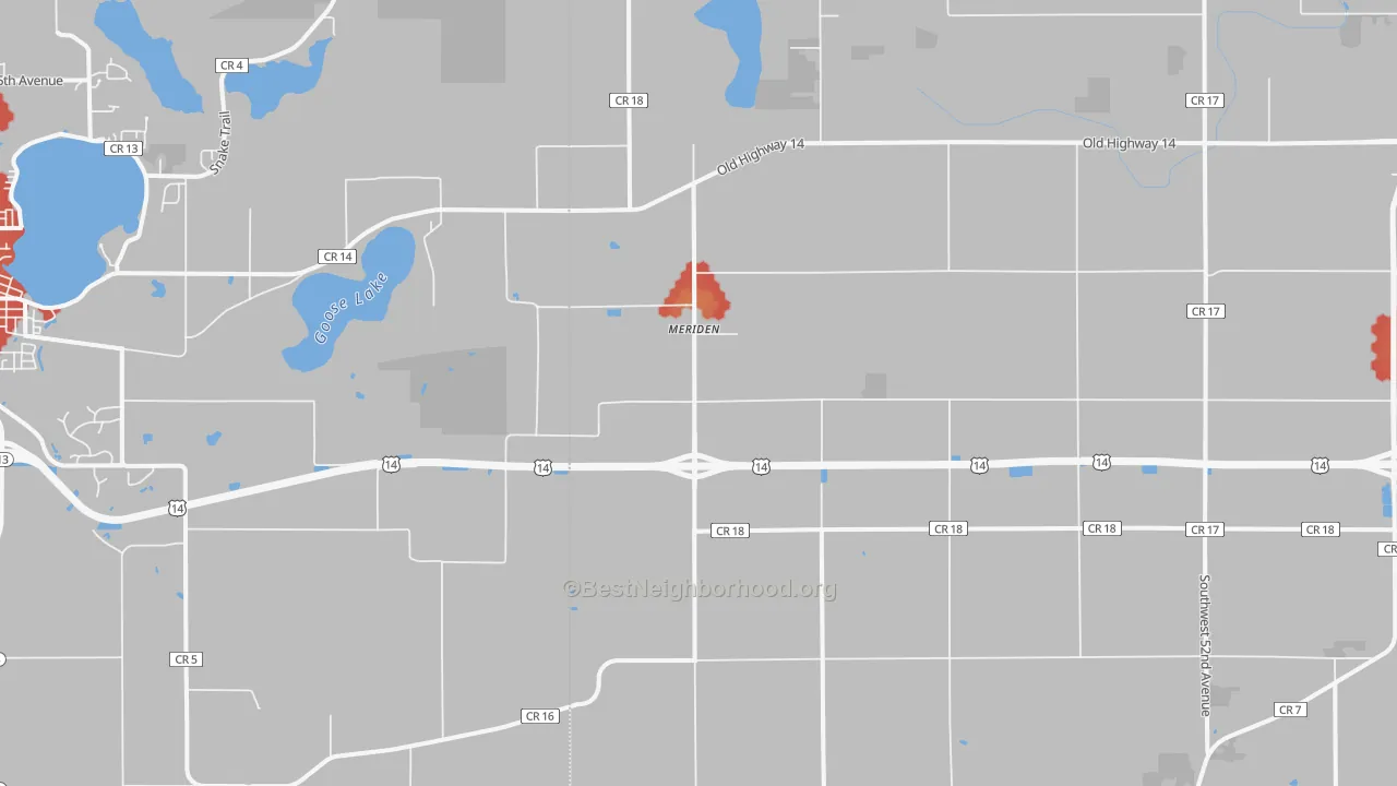 Walk Grade map of Meriden, MN, walkable areas in green and car-dependent areas in red