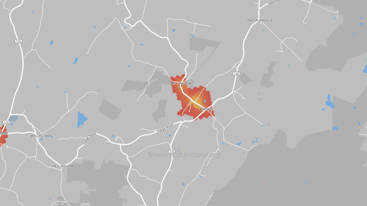 Walk Grade map of Meriden, NH, walkable areas in green and car-dependent areas in red