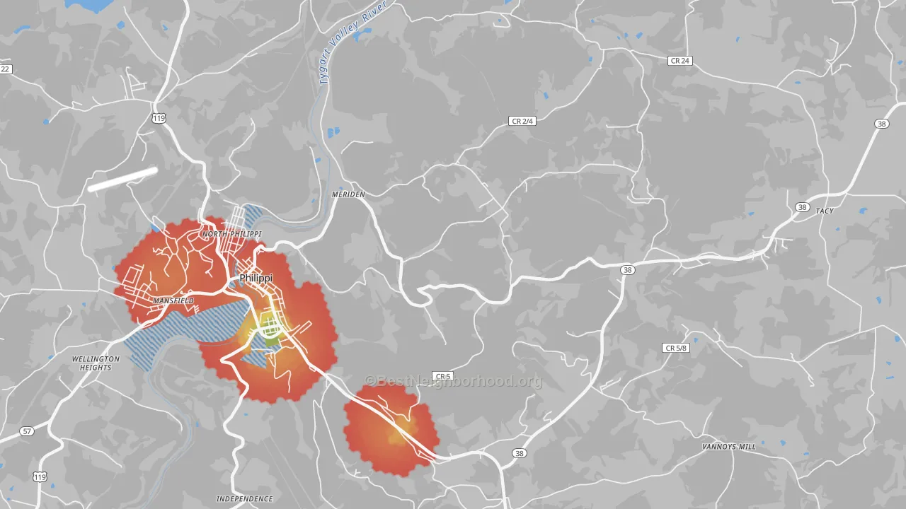 Walk Grade map of Meriden, WV, walkable areas in green and car-dependent areas in red