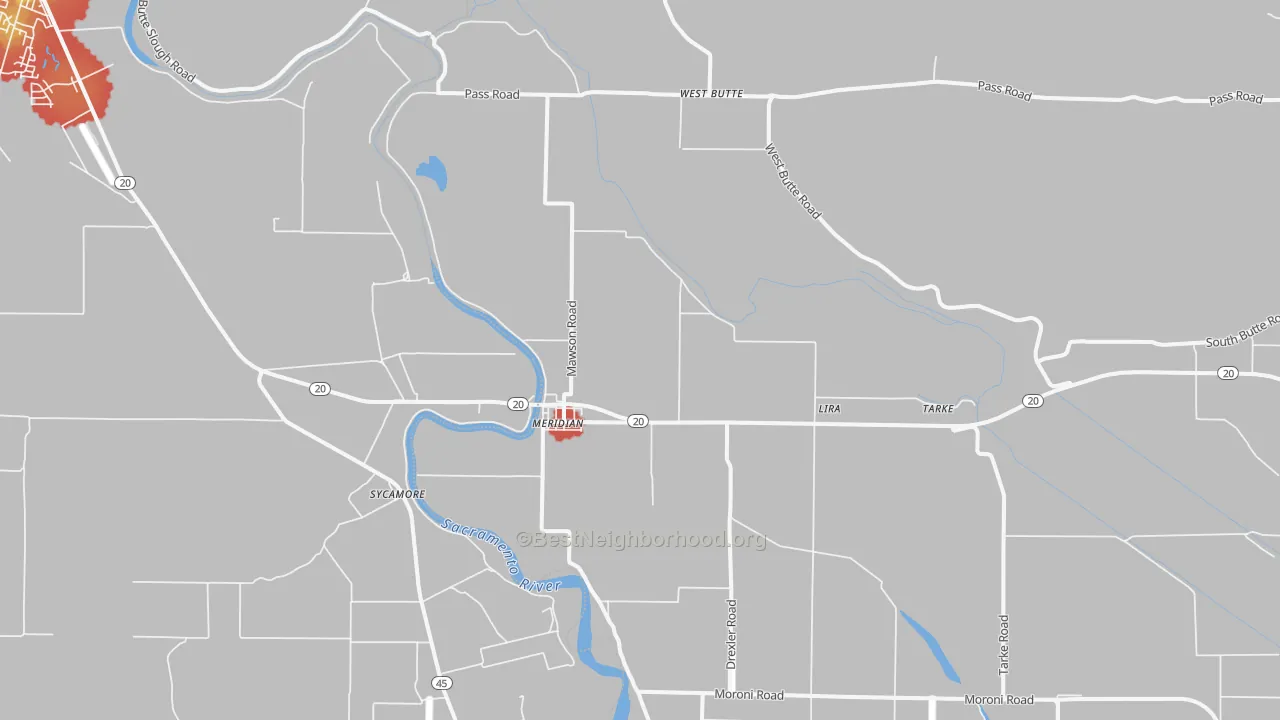 Walk Grade map of Meridian, CA, walkable areas in green and car-dependent areas in red