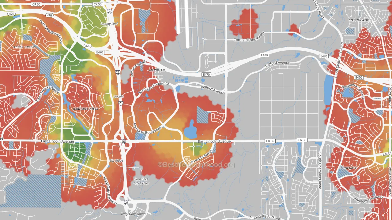 Walk Grade map of Meridian, CO, walkable areas in green and car-dependent areas in red