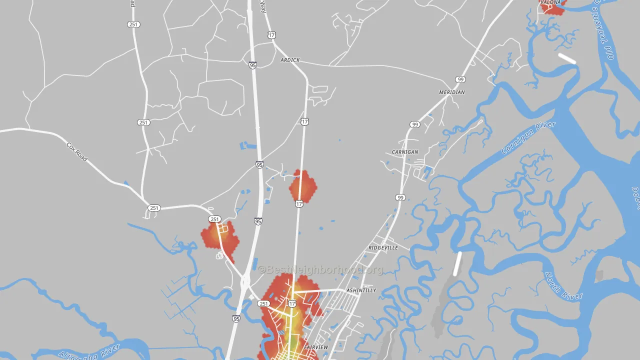 Walk Grade map of Meridian, GA, walkable areas in green and car-dependent areas in red