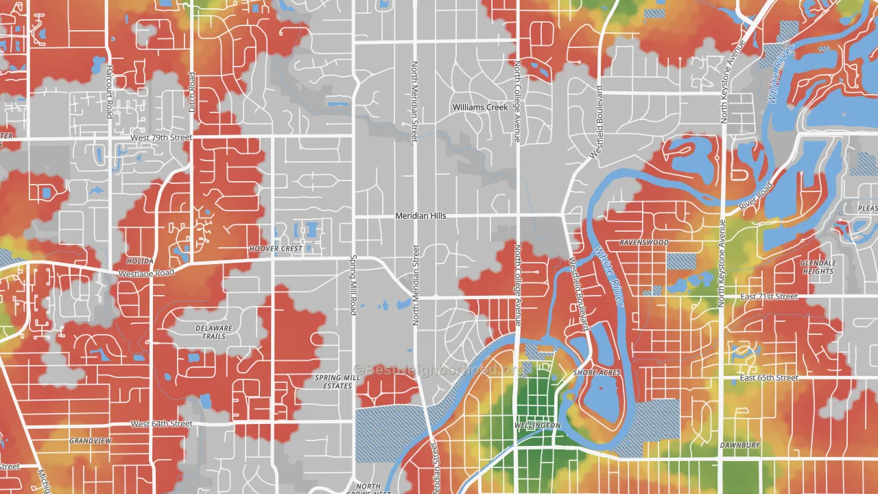 Walk Grade map of Meridian Hills, IN, walkable areas in green and car-dependent areas in red