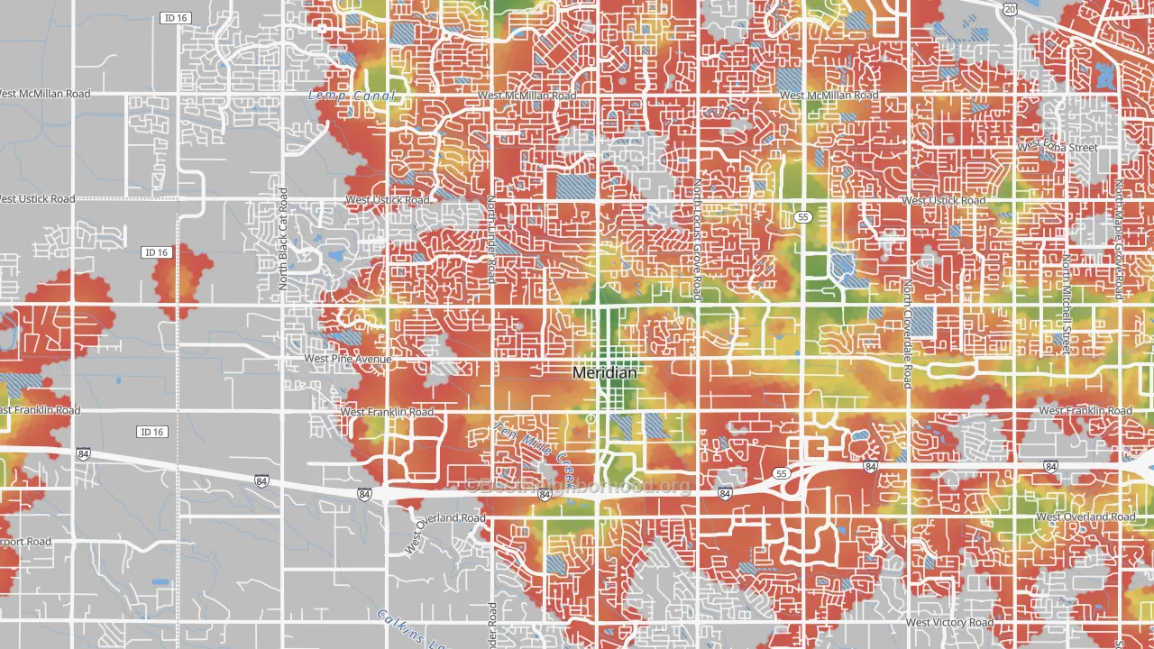 Walk Grade map of Meridian, ID, walkable areas in green and car-dependent areas in red