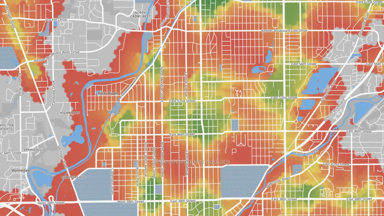 Walk Grade map of Meridian-Kessler, Indianapolis, IN, walkable areas in green and car-dependent areas in red