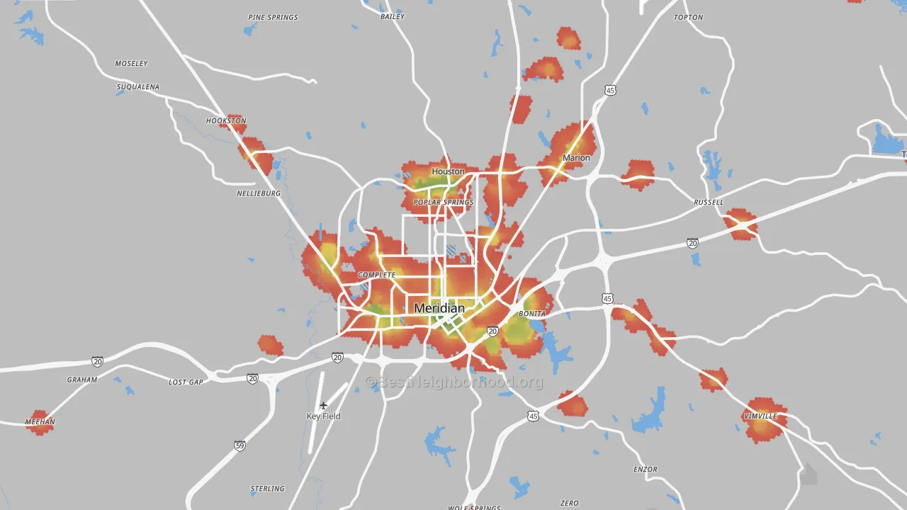 Walk Grade map of Meridian, MS, walkable areas in green and car-dependent areas in red