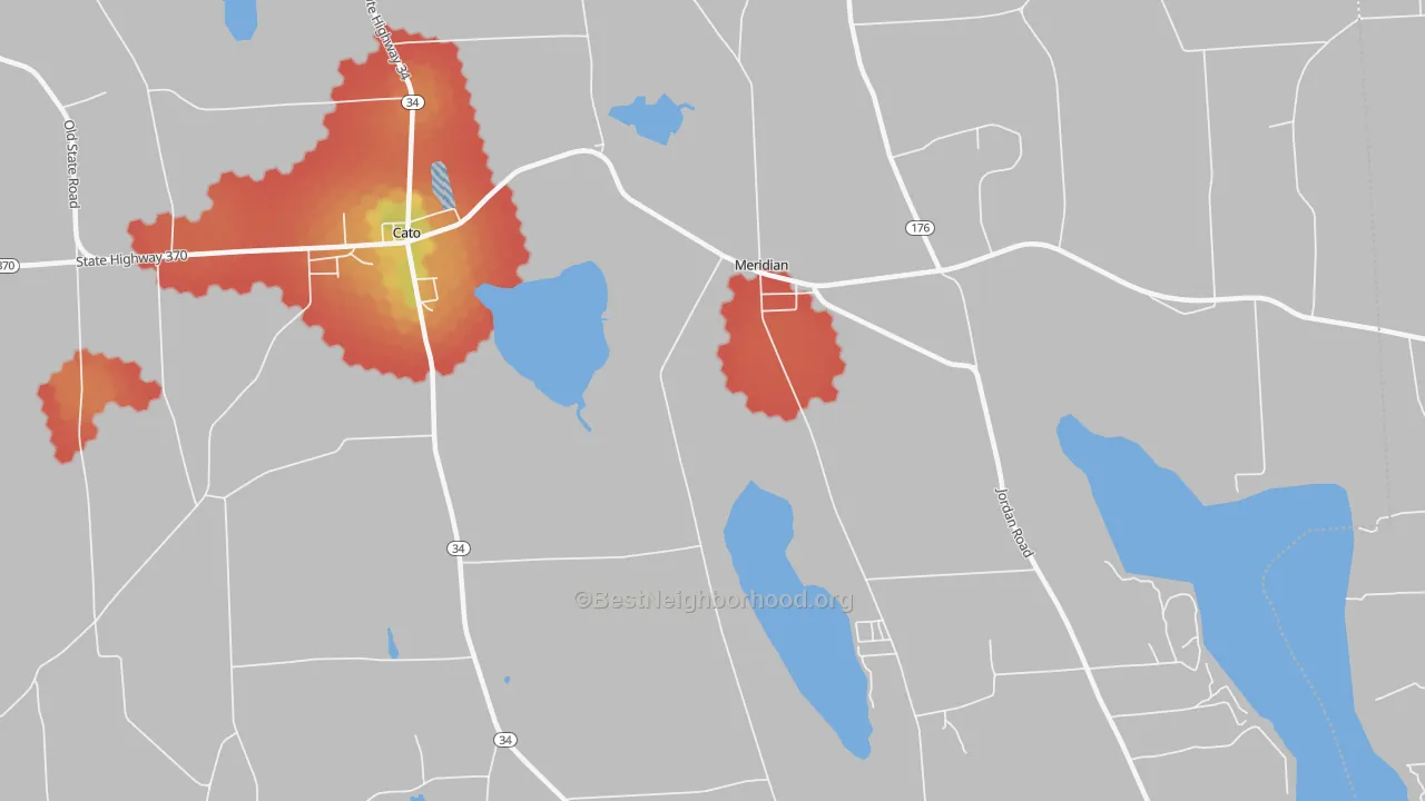 Walk Grade map of Meridian, NY, walkable areas in green and car-dependent areas in red