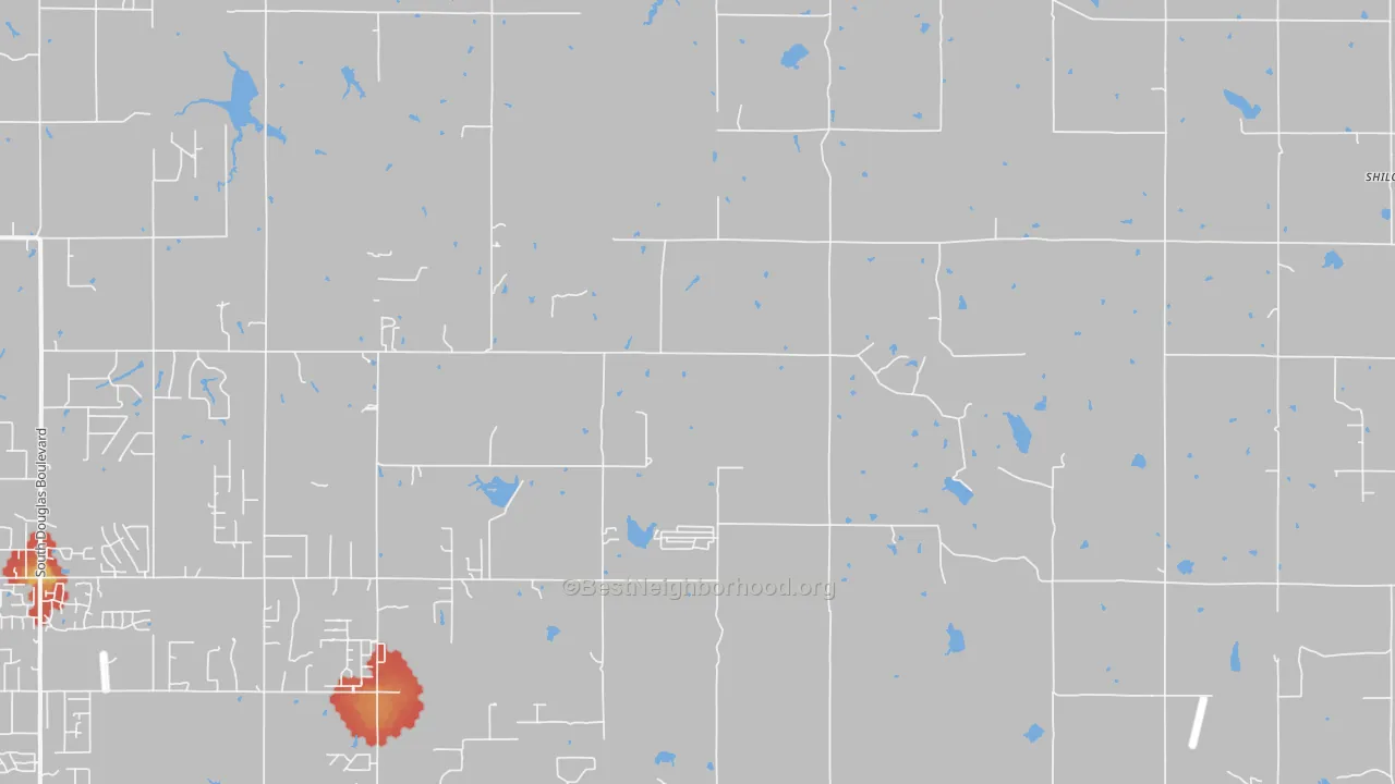Walk Grade map of Meridian, OK, walkable areas in green and car-dependent areas in red