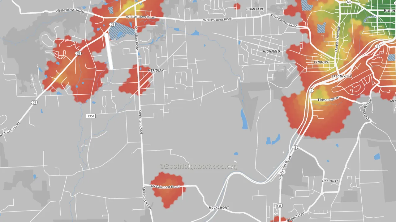Walk Grade map of Meridian, PA, walkable areas in green and car-dependent areas in red