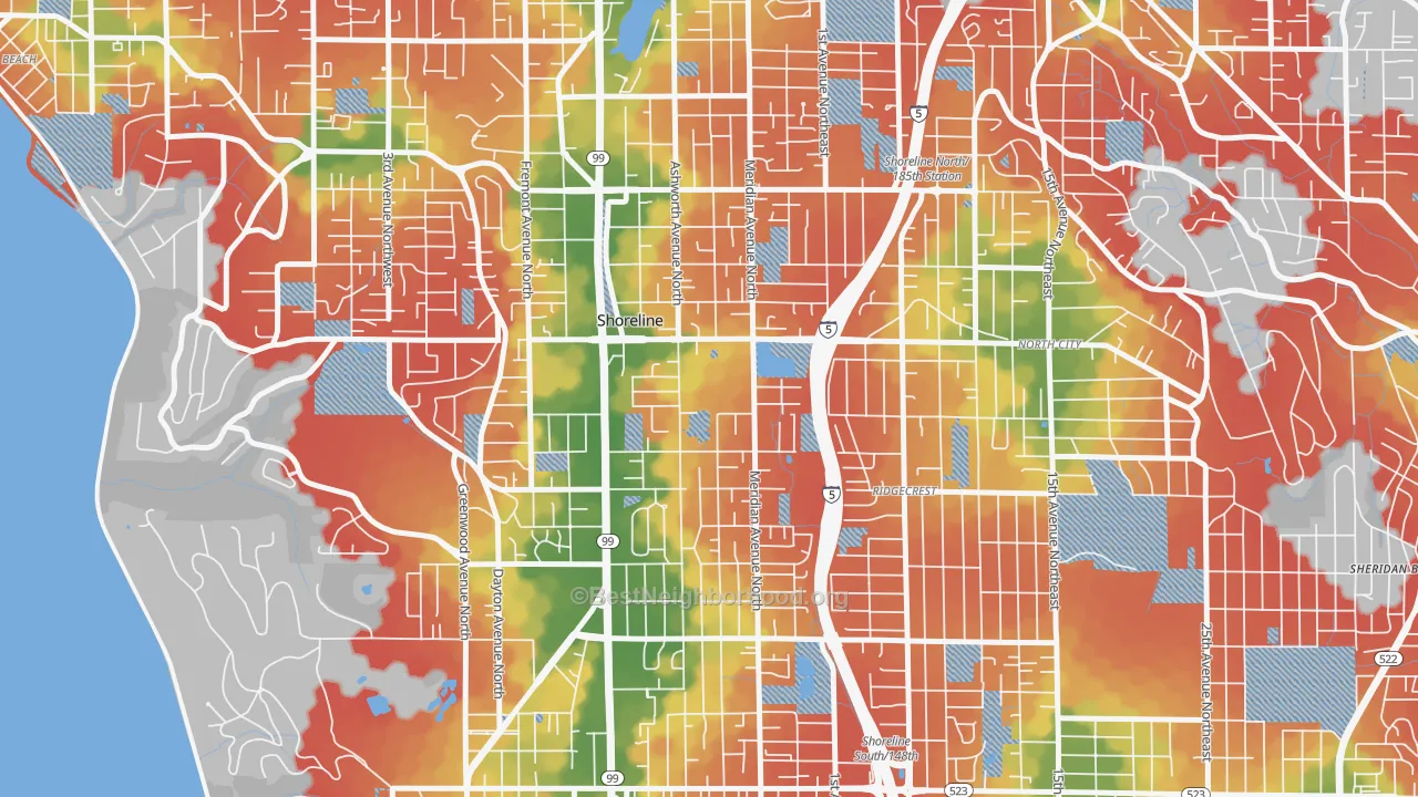 Walk Grade map of Meridian Park, Shoreline, WA, walkable areas in green and car-dependent areas in red