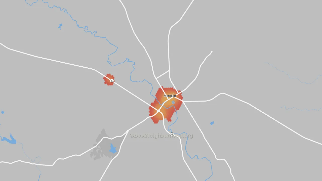 Walk Grade map of Meridian, TX, walkable areas in green and car-dependent areas in red