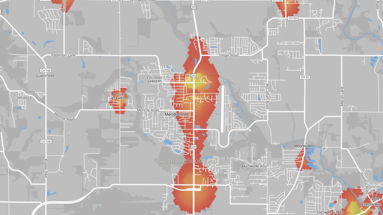 Walk Grade map of Meridianville, AL, walkable areas in green and car-dependent areas in red
