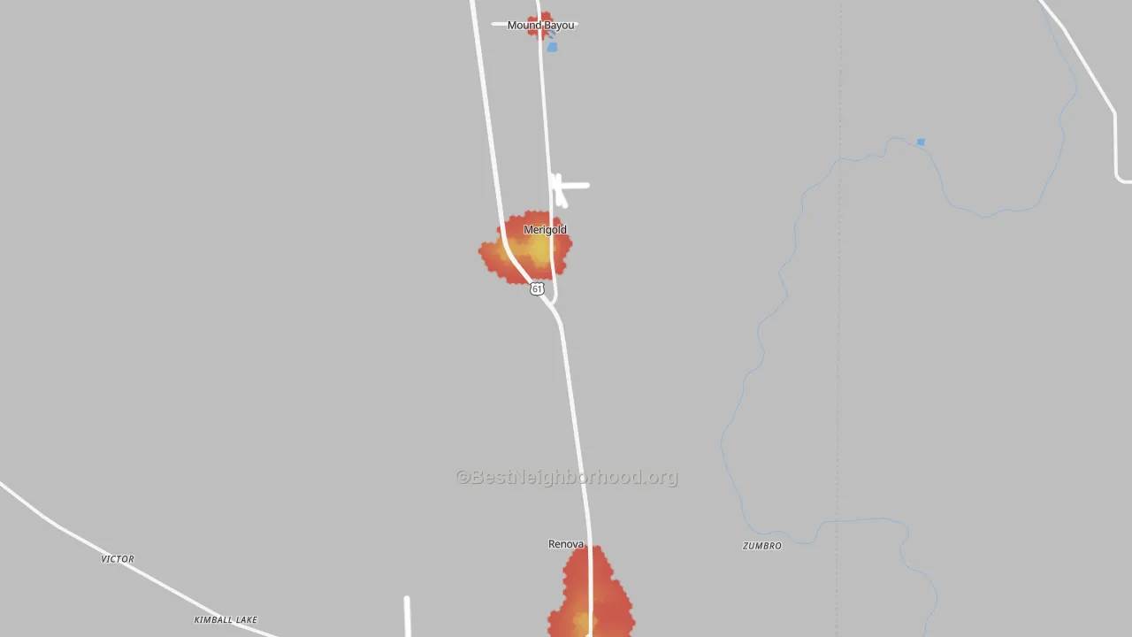 Walk Grade map of Merigold, MS, walkable areas in green and car-dependent areas in red