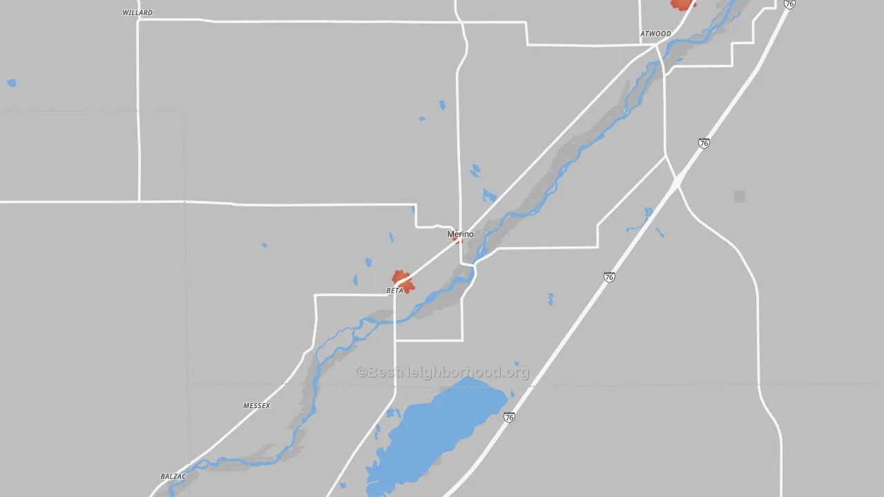 Walk Grade map of Merino, CO, walkable areas in green and car-dependent areas in red