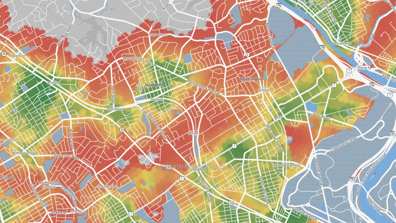 Walk Grade map of Merion Station, PA, walkable areas in green and car-dependent areas in red