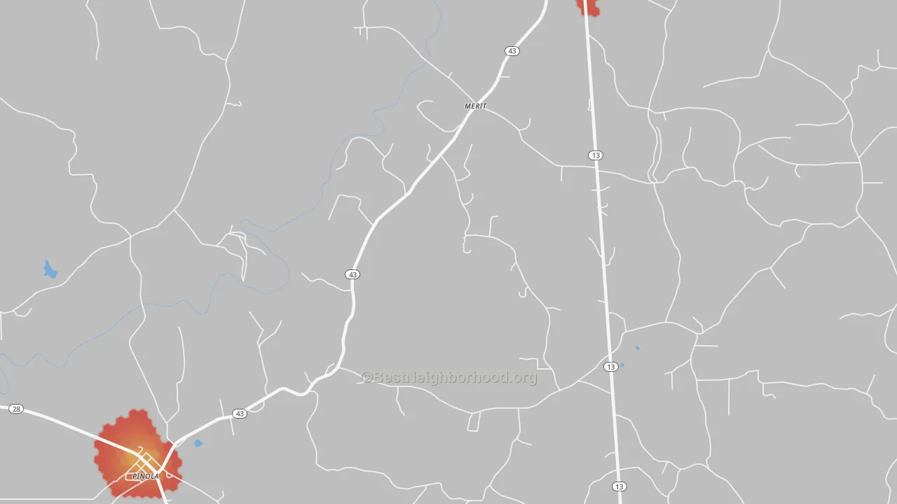 Walk Grade map of Merit, MS, walkable areas in green and car-dependent areas in red