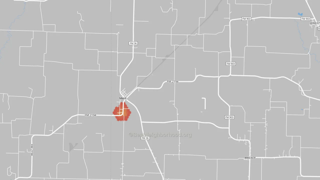 Walk Grade map of Merit, TX, walkable areas in green and car-dependent areas in red