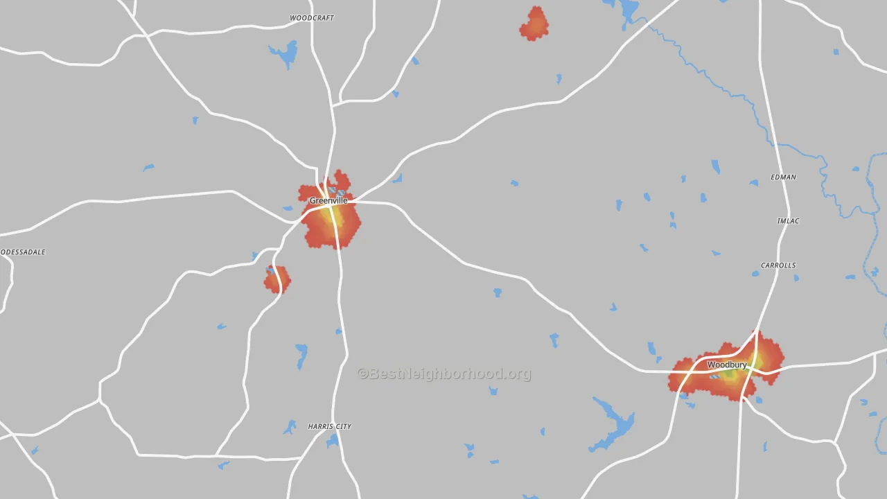 Walk Grade map of Meriwether County, GA, walkable areas in green and car-dependent areas in red
