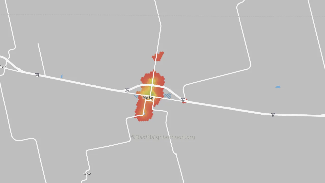 Walk Grade map of Merkel, TX, walkable areas in green and car-dependent areas in red