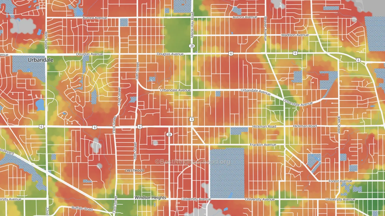 Walk Grade map of Merle Hay, Des Moines, IA, walkable areas in green and car-dependent areas in red