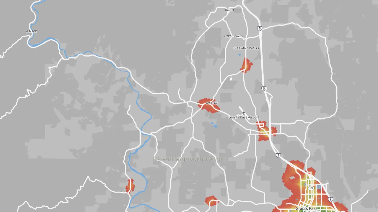 Walk Grade map of Merlin, OR, walkable areas in green and car-dependent areas in red