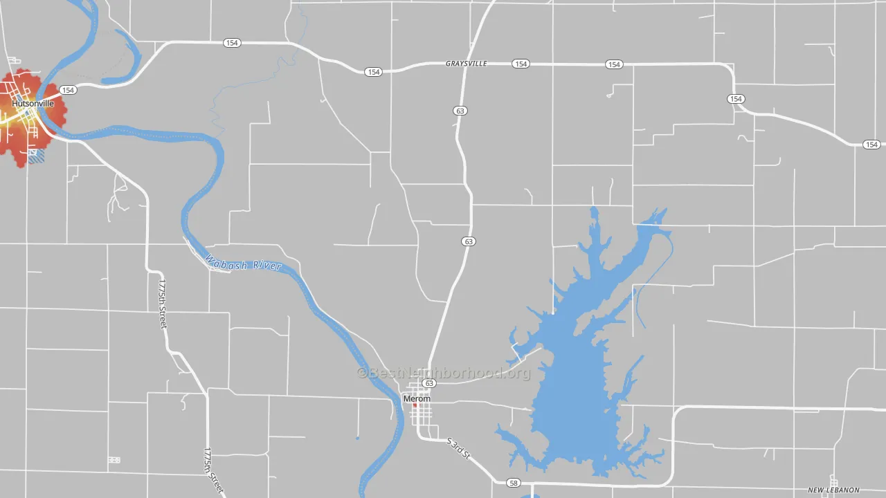 Walk Grade map of Merom, IN, walkable areas in green and car-dependent areas in red