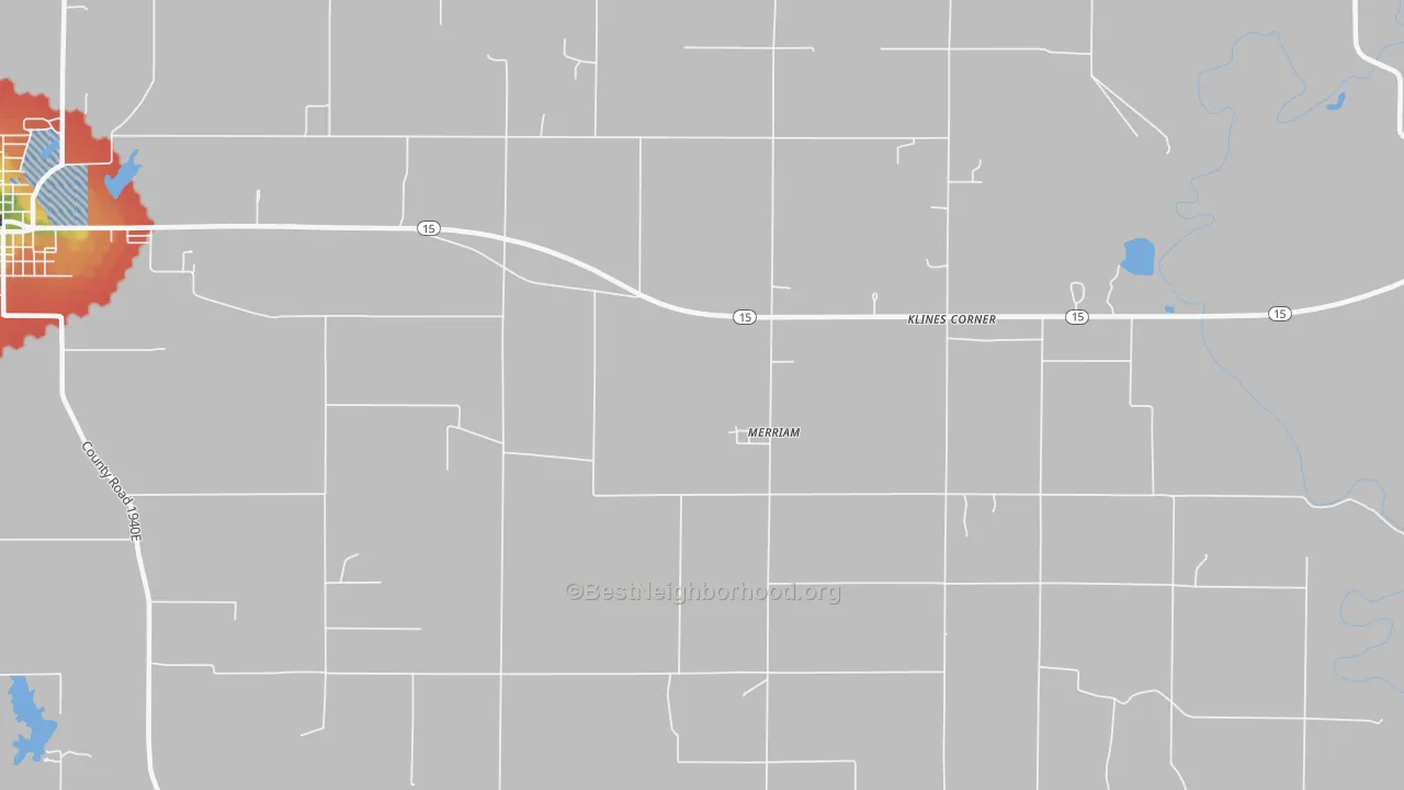 Walk Grade map of Merriam, IL, walkable areas in green and car-dependent areas in red