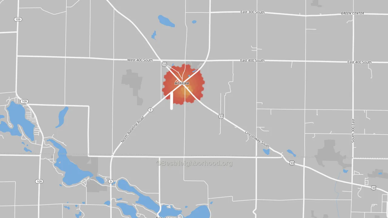 Walk Grade map of Merriam, IN, walkable areas in green and car-dependent areas in red