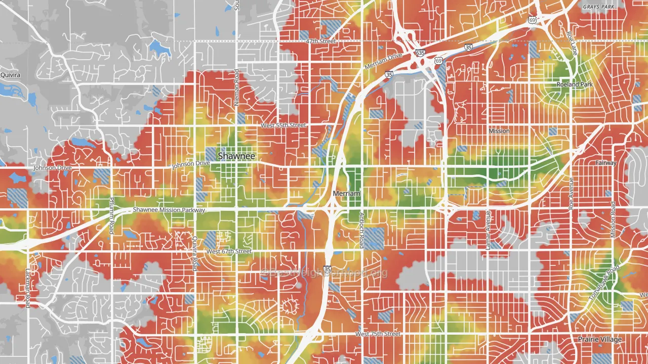 Walk Grade map of Merriam, KS, walkable areas in green and car-dependent areas in red