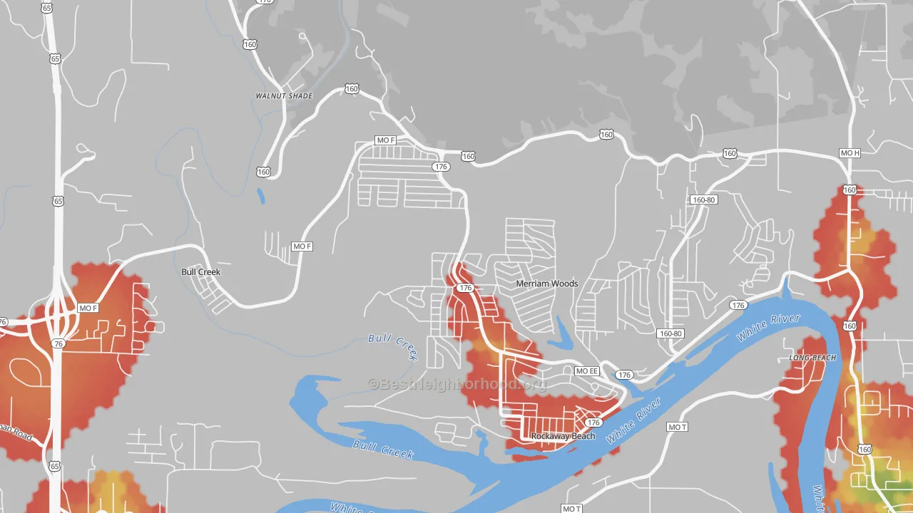Walk Grade map of Merriam Woods, MO, walkable areas in green and car-dependent areas in red