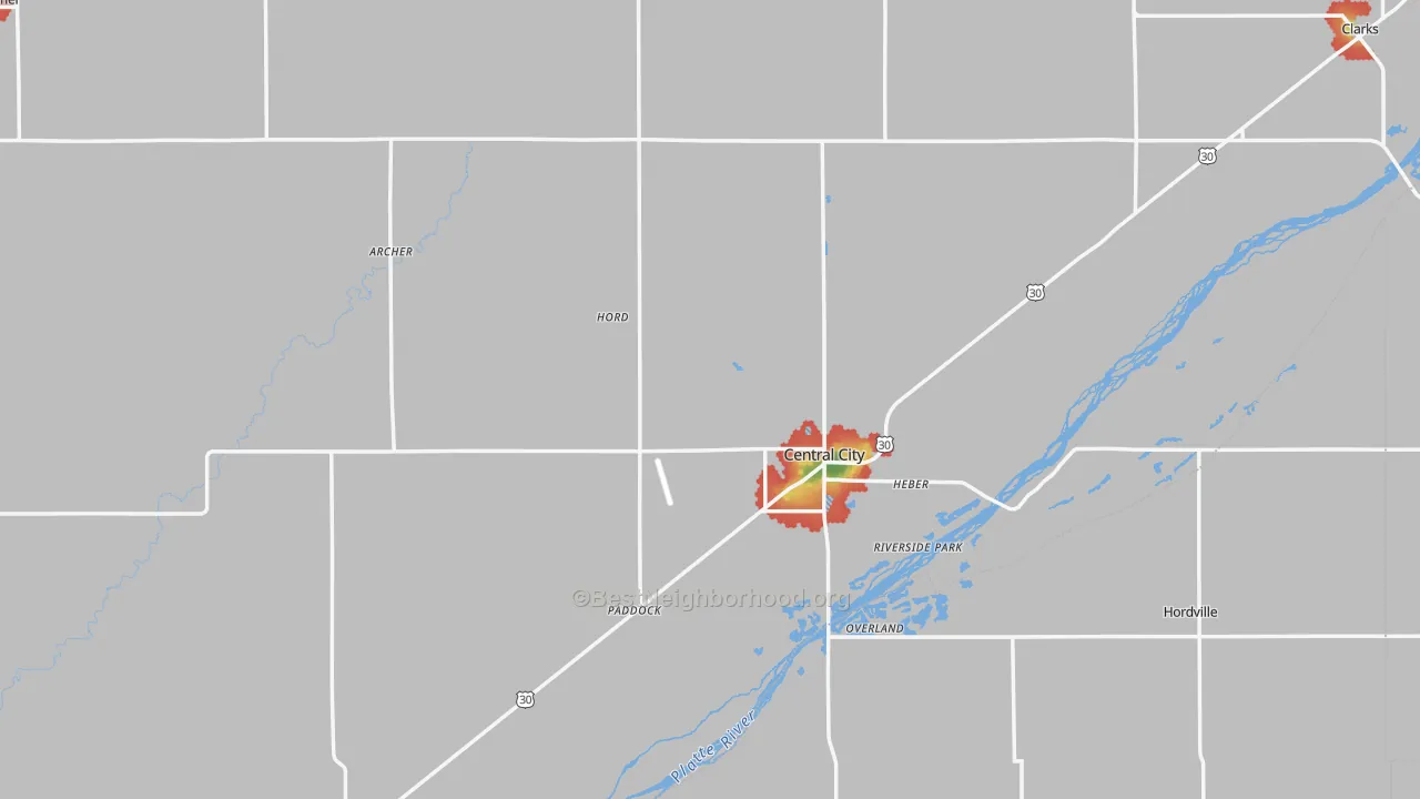 Walk Grade map of Merrick County, NE, walkable areas in green and car-dependent areas in red