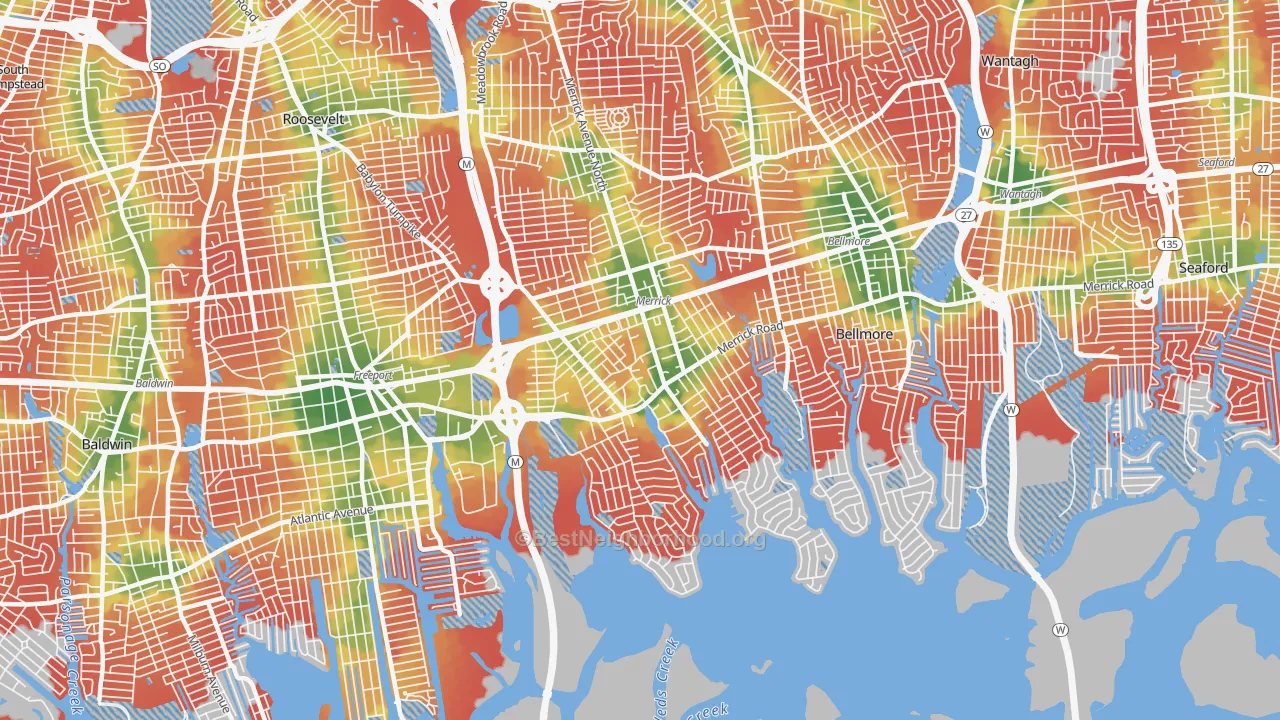 Walk Grade map of Merrick, NY, walkable areas in green and car-dependent areas in red