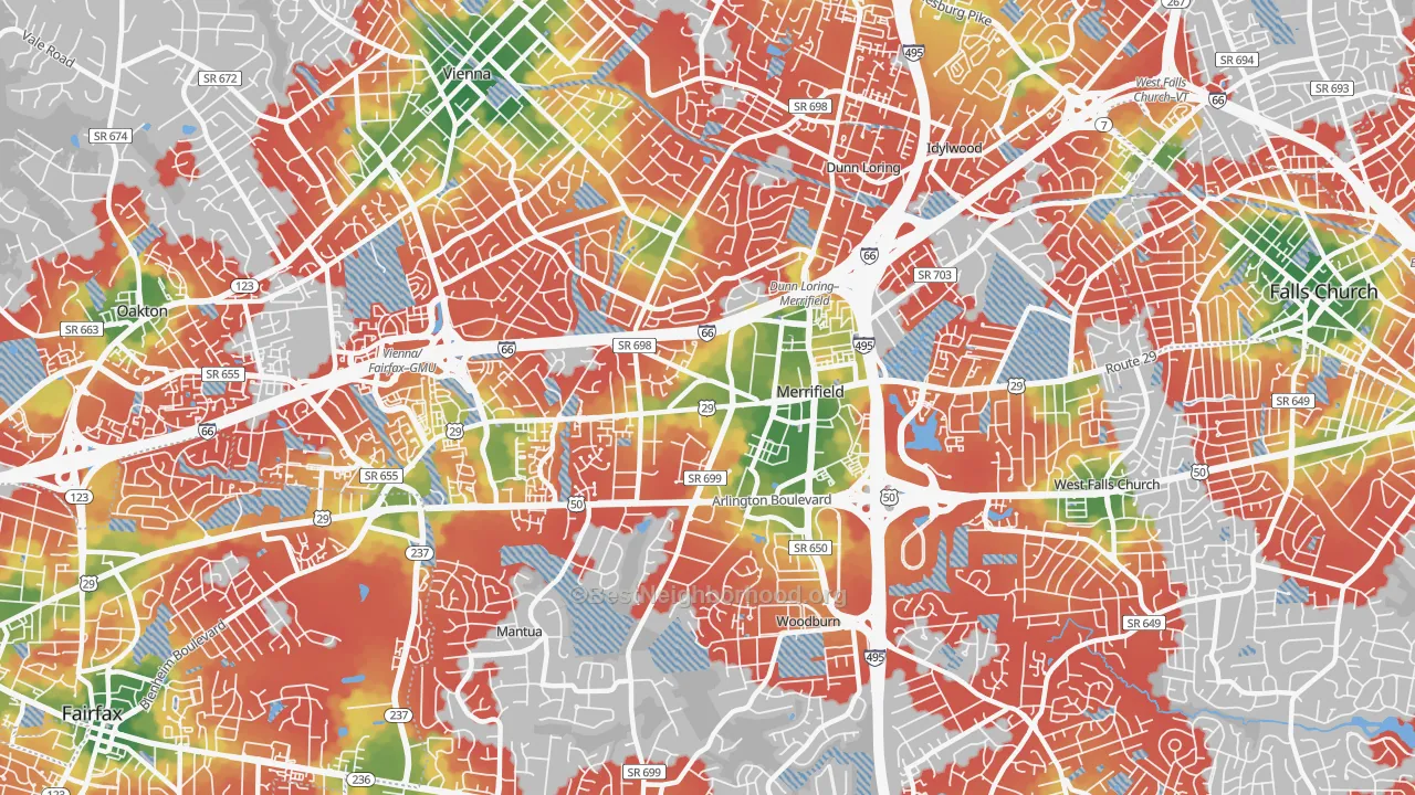 Walk Grade map of Merrifield, Fairfax, VA, walkable areas in green and car-dependent areas in red