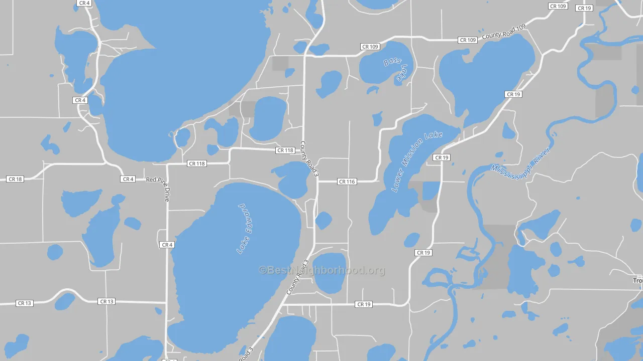 Walk Grade map of Merrifield, MN, walkable areas in green and car-dependent areas in red