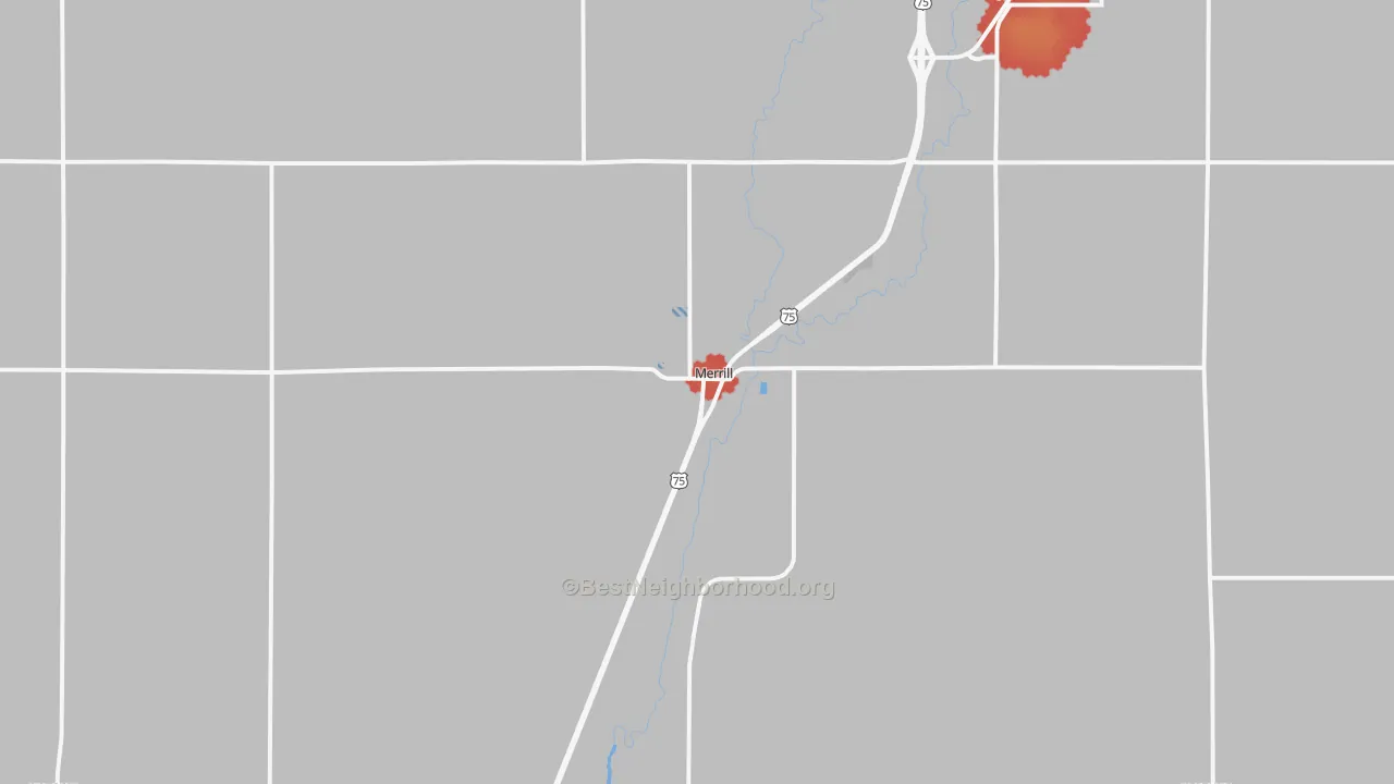 Walk Grade map of Merrill, IA, walkable areas in green and car-dependent areas in red