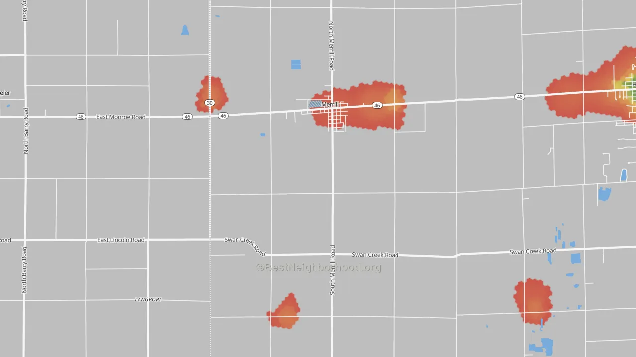 Walk Grade map of Merrill, MI, walkable areas in green and car-dependent areas in red