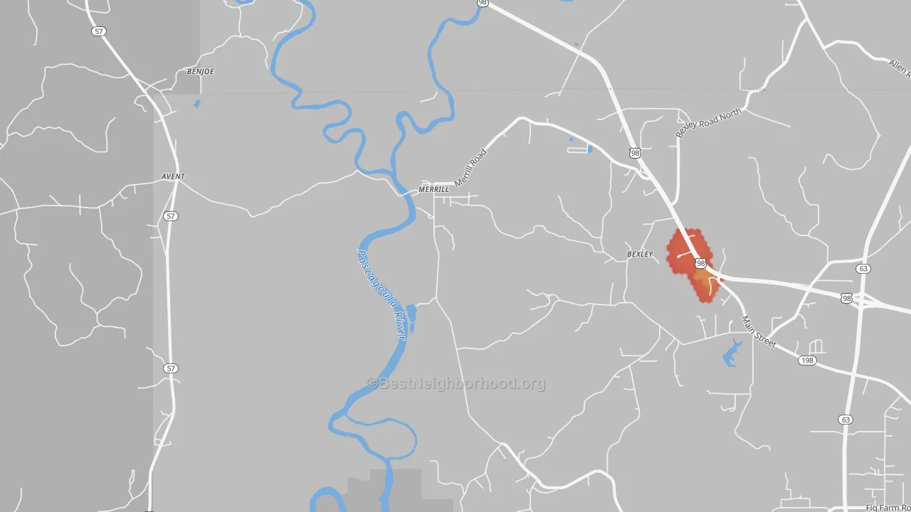 Walk Grade map of Merrill, MS, walkable areas in green and car-dependent areas in red