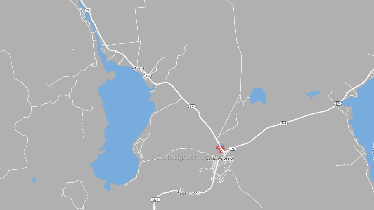 Walk Grade map of Merrill, NY, walkable areas in green and car-dependent areas in red