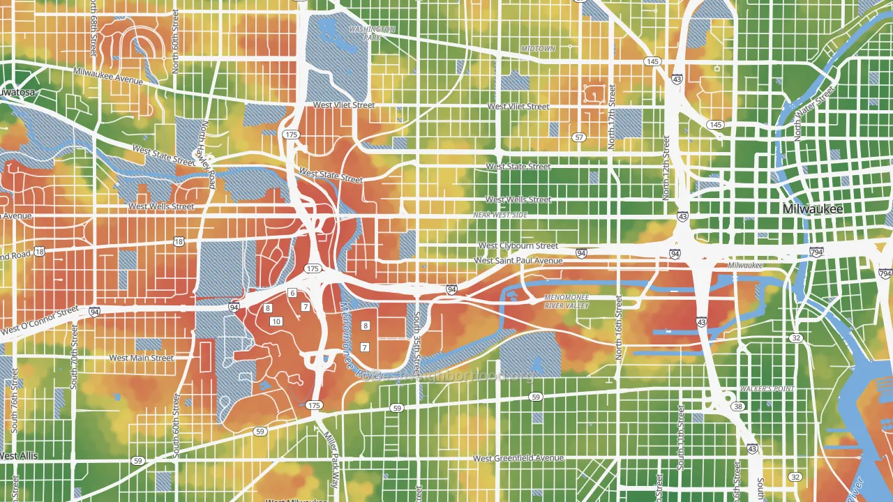 Walk Grade map of Merrill Park, Milwaukee, WI, walkable areas in green and car-dependent areas in red