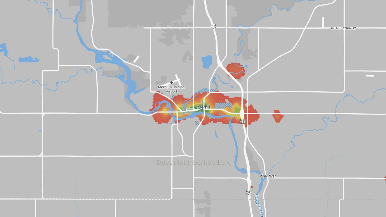 Walk Grade map of Merrill, WI, walkable areas in green and car-dependent areas in red
