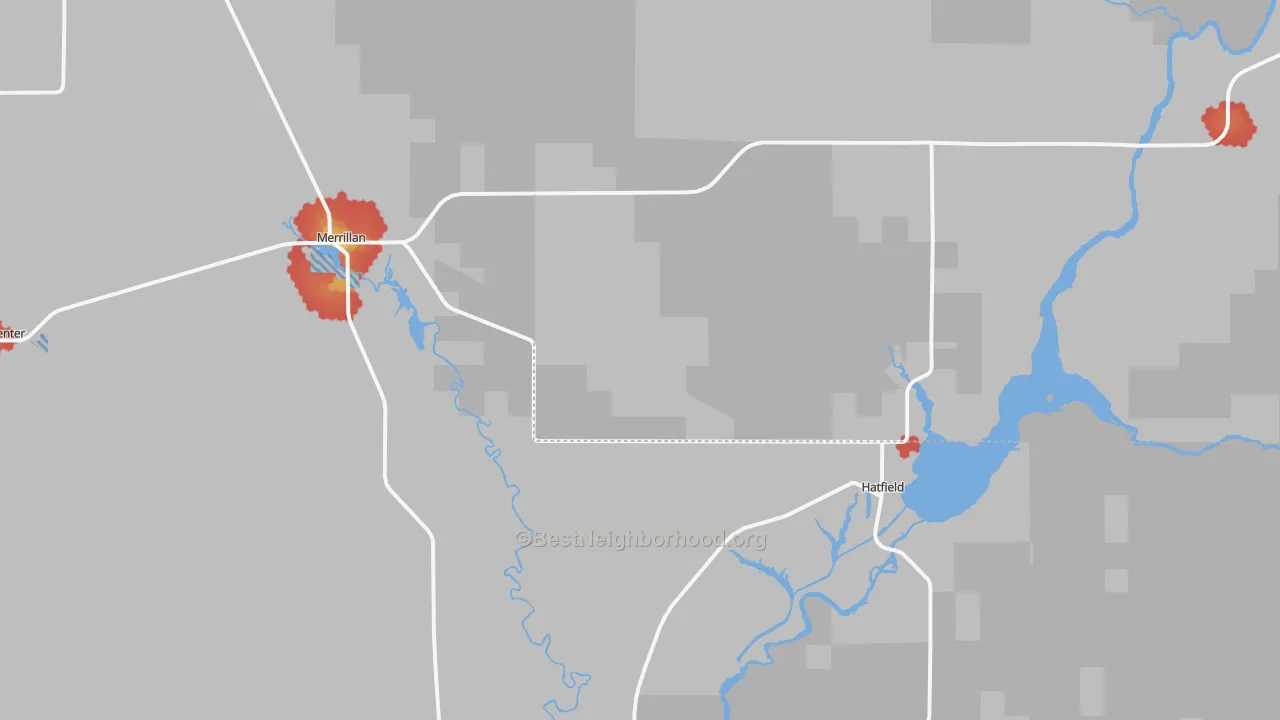 Walk Grade map of Merrillan, WI, walkable areas in green and car-dependent areas in red