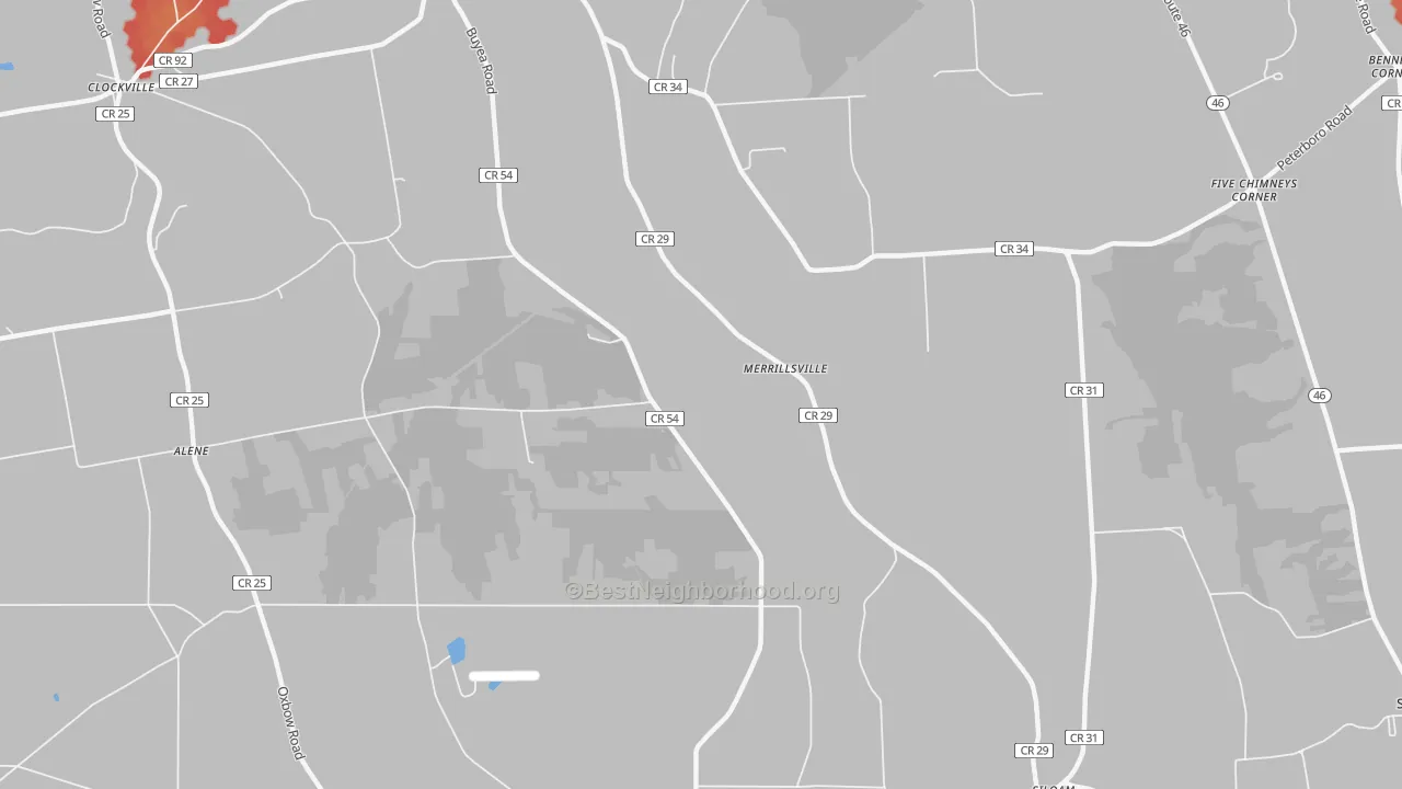 Walk Grade map of Merrillsville, NY, walkable areas in green and car-dependent areas in red
