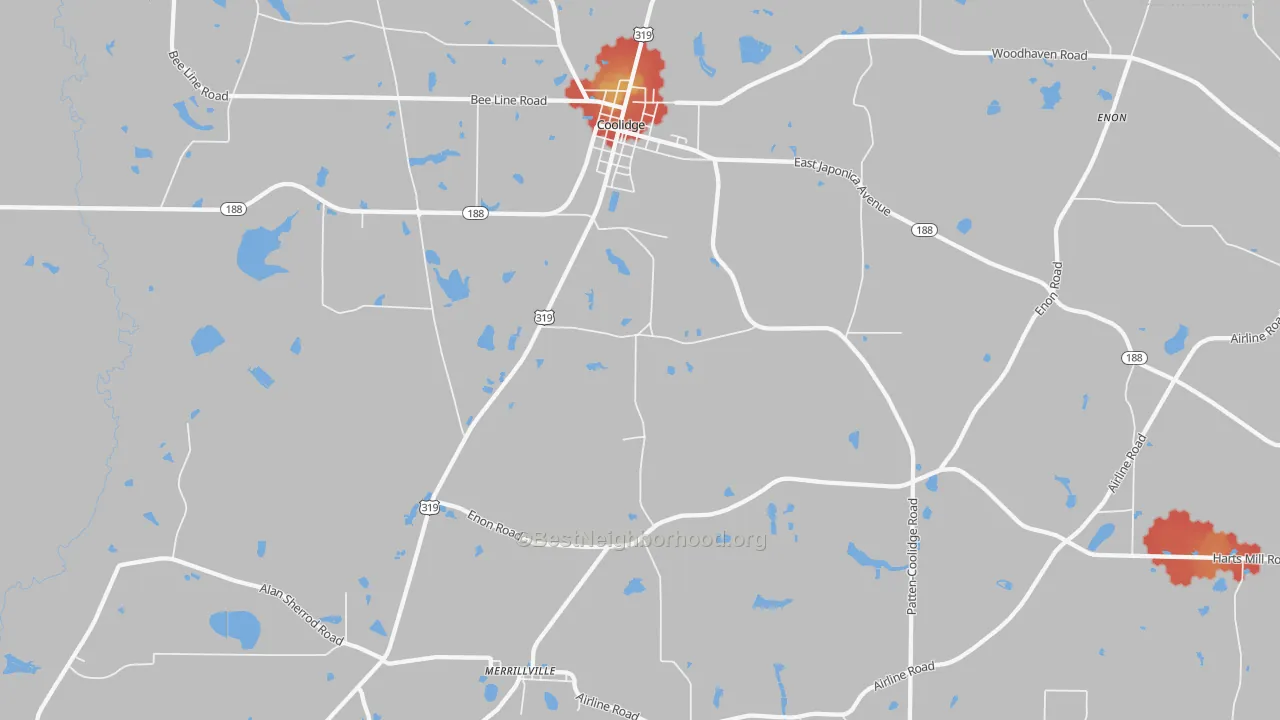 Walk Grade map of Merrillville, GA, walkable areas in green and car-dependent areas in red