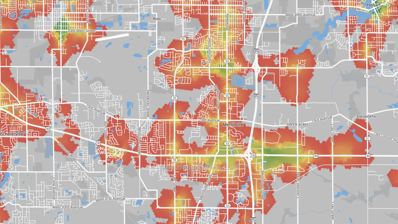 Walk Grade map of Merrillville, IN, walkable areas in green and car-dependent areas in red