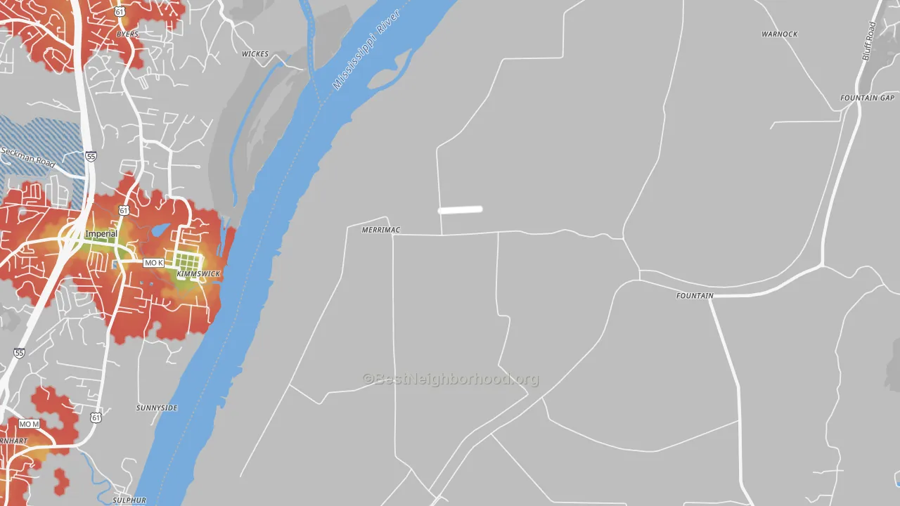 Walk Grade map of Merrimac, IL, walkable areas in green and car-dependent areas in red