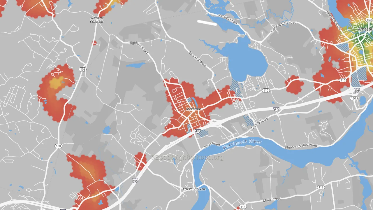 Walk Grade map of Merrimac, MA, walkable areas in green and car-dependent areas in red