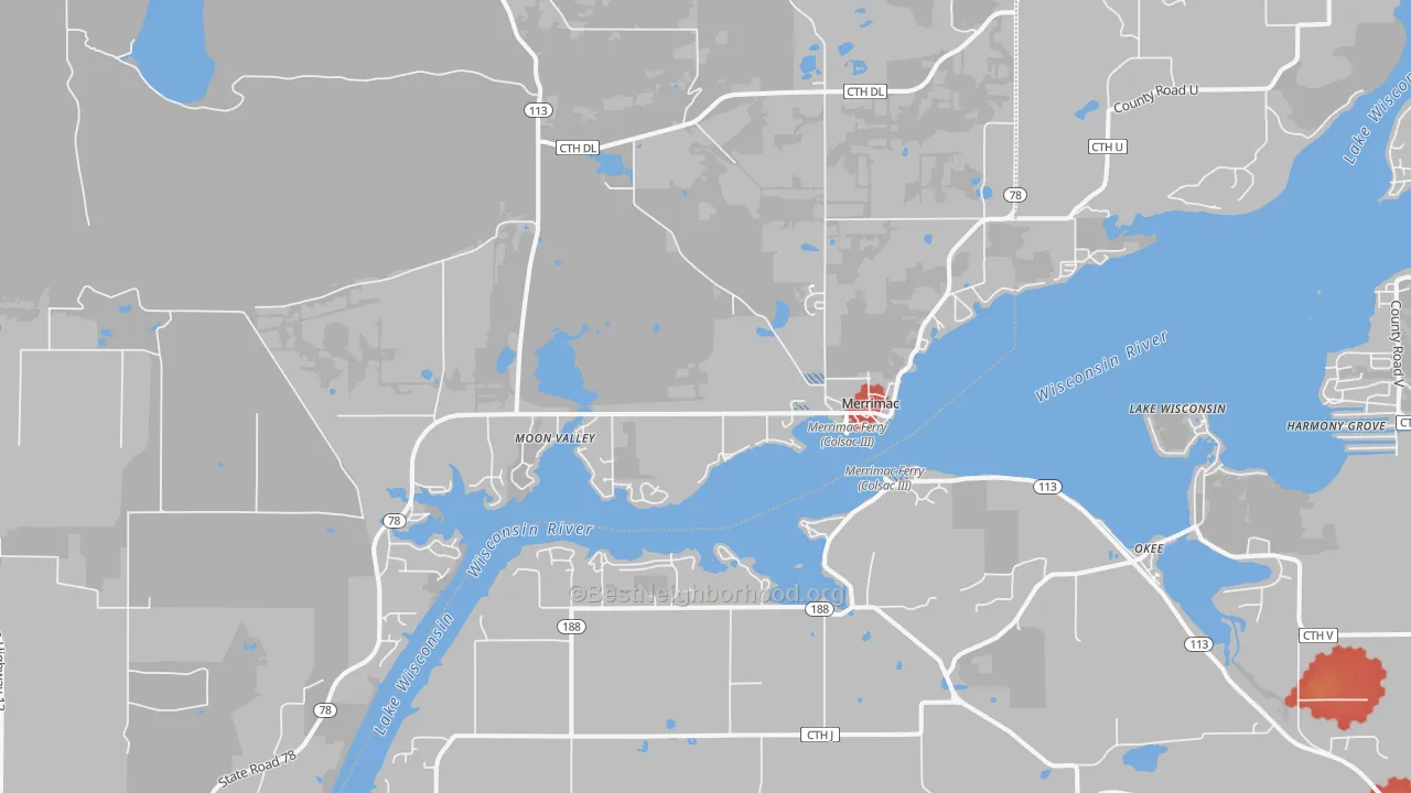 Walk Grade map of Merrimac, WI, walkable areas in green and car-dependent areas in red