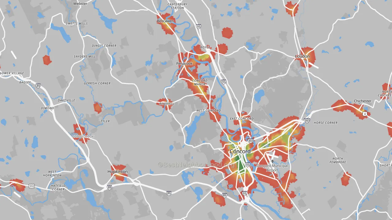 Walk Grade map of Merrimack County, NH, walkable areas in green and car-dependent areas in red