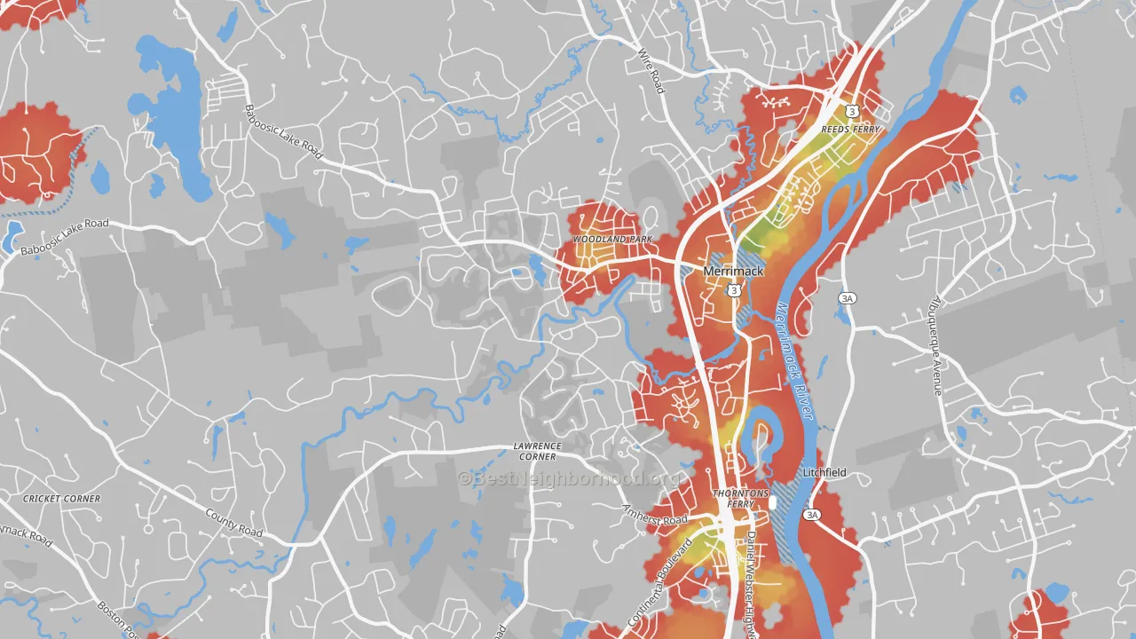 Walk Grade map of Merrimack, NH, walkable areas in green and car-dependent areas in red