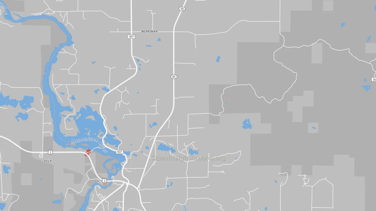 Walk Grade map of Merriman, MI, walkable areas in green and car-dependent areas in red